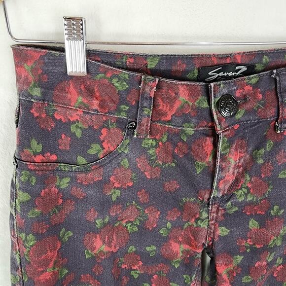 Seven7 Skinny Jeans Women 4 Red Floral Rose on Black Patterned Stretch Jeans - Picture 4 of 10